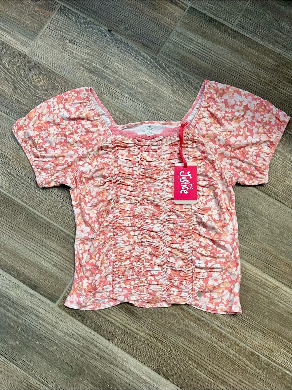 NWT Justice Girls Floral Ruched Front Top Pink XL Plus Puff Sleeve Blouse